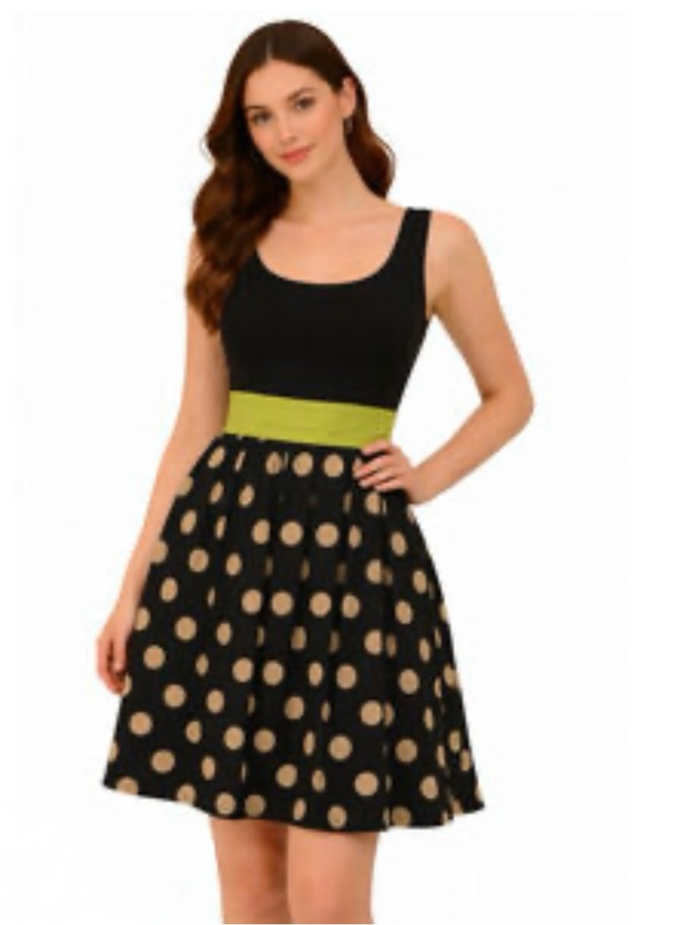 Anthropologie Black Polka Dot Fit & Flare Dress with Lime Waistband
